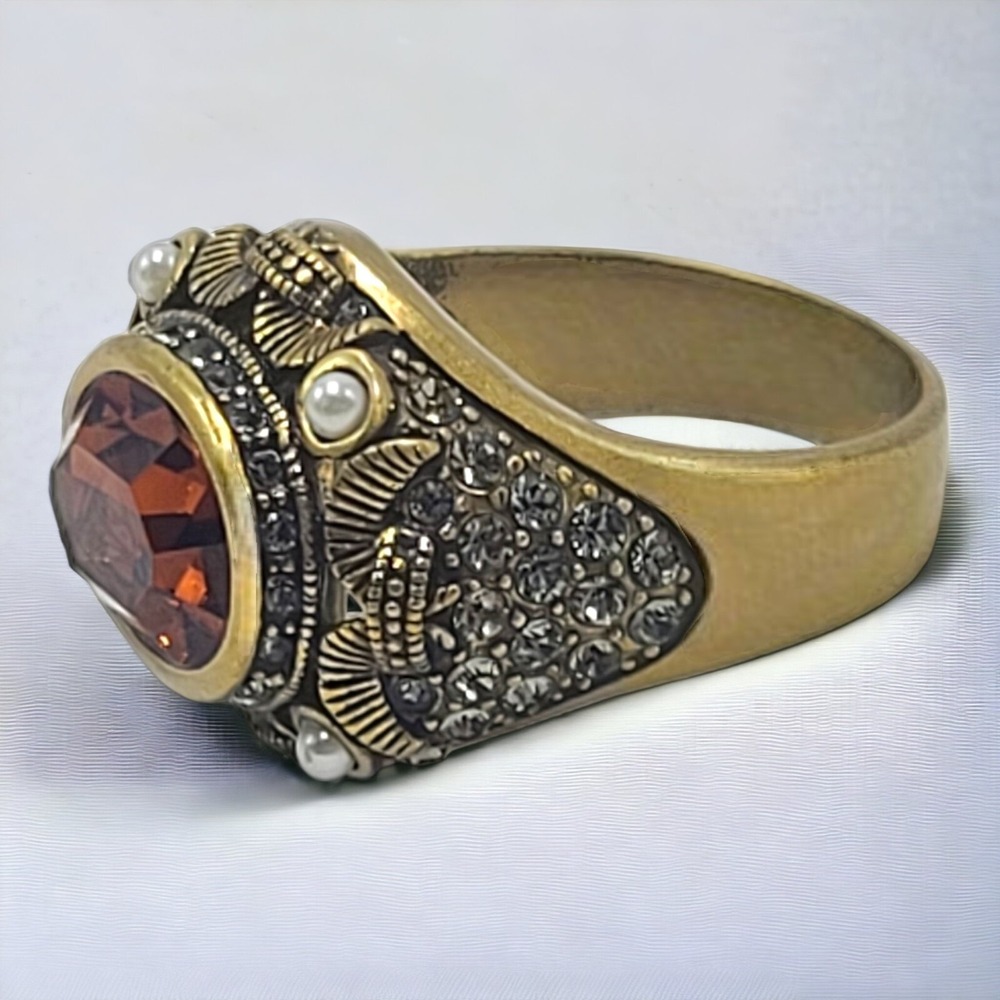 Heidi Daus Brass Topaz Glass Crystal Faux Pearl Cocktail Ring Size 11.5